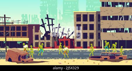 Zombie apocalypse in city concept. Lining dead, scarifying human mutants, monsters from hell walking on streets among destroyed, ruined buildings in a Stock Vector