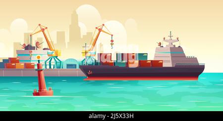 Cargo ship loading in city port. Cranes on dockside, pier unloading shipping containers from freight vessel to shore. Goods transportation, delivery w Stock Vector