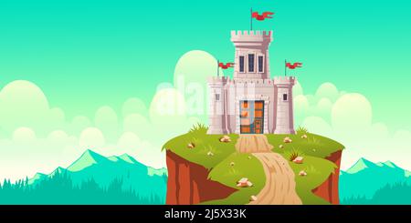 Medieval castle, fort on cliff. Stone citadel, fairytale fortress, kings stronghold with flags on defense towers and forged, wooden gates. Far bastion Stock Vector