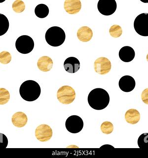 Abstract fashion grunge polka dots background. White seamless pattern with black, golden textured circles. Template design for invitation, poster Stock Vector