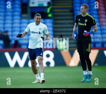 LONDON, United Kingdom, APRIL 25: L-R Assistant Goalkeeper Coach Alessandro Barcherini  and Kristoffer Klaesson of Leeds United during Premier League Stock Photo