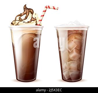 Frappe coffee, cola with ice cubes in disposable plastic cups set. Frappucino with whipped cream, chocolate or caramel topping and soda beverage. Cold Stock Vector