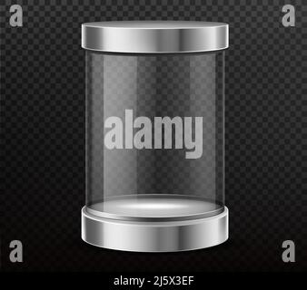 Glass cylinder capsule, empty round showcase, exhibit transparent display box with steel cap, podium isolated 3d realistic vector illustration. Safety Stock Vector