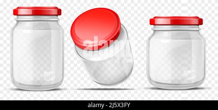Empty, round, different volume glass jars sealed red screw cap for sauces, vegetable preservation side, top perspective view 3d realistic vector illus Stock Vector