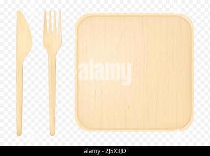 Wooden plate with fork and knife top view, disposable tablewear isolated on background, single use table setting with empty square wood dish natural e Stock Vector