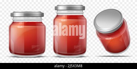 Tomato sauce canned in glass jars with screw metal lid, side, perspective view. Vegetables home preservation. Ketchup, taco or tomato juice conservati Stock Vector