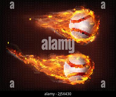 Firing, flying engulfed in flames baseball balls 3d realistic vector illustration isolated on transparent background. Sport inventory shop ad, basebal Stock Vector