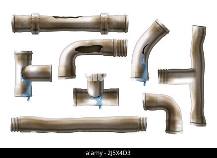 Old, rustic sewing pipes with water leaking from cracks and holes set. Damaged by corrosion water supply system metal pipeline bolted, fastened connec Stock Vector
