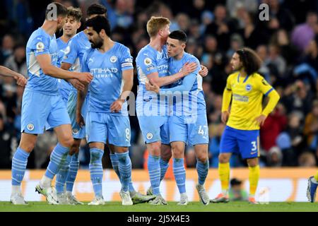 Manchester City's Phil Foden celebrates scoring his side's second goal of the game. Picture date: Thursday April 21, 2022. Photo credit should read:   Anthony Devlin/Alamy Live News/Alamy Live News