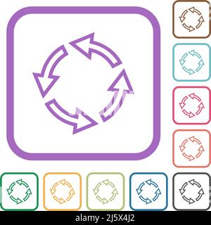 Rotate left outline simple icons in color rounded square frames on white background Stock Vector