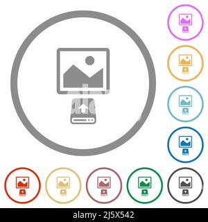 Upload image from hard disk flat color icons in round outlines on white background Stock Vector