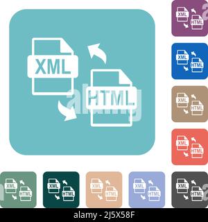 XML HTML file conversion white flat icons on color rounded square backgrounds Stock Vector