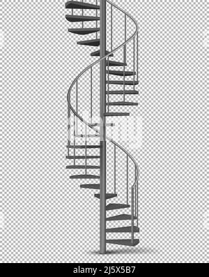 Metal spiral, helical staircase on pillar with tube railings and wooden stairs 3d realistic vector illustration isolated on transparent background. Ho Stock Vector