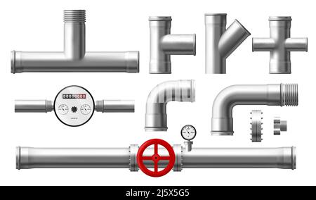 Water counter, pressure regulator, stainless steel, metallic pipes set, plumbing fittings, pipeline, house sewer bolted sections, parts isolated on wh Stock Vector
