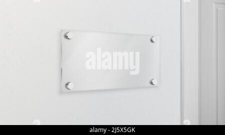 Empty glass name plate bolted to wall near doorway. Poster, banner empty holder, picture transparent frame mock-up. Office, exhibition gallery interio Stock Vector
