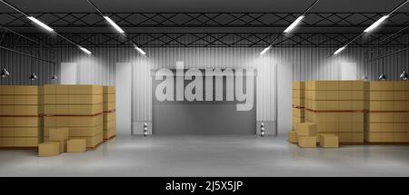 Warehouse interior with cardboard boxes on metal racks. Vector cartoon ...