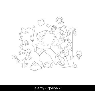 Man making way through stone wall barrier outline vector Stock Vector