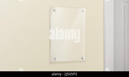 Glass name plate bolted to wall in office. Empty plexiglass image or photo frame template. Transparent display panel mockup. Hanging banner acrylic ho Stock Vector