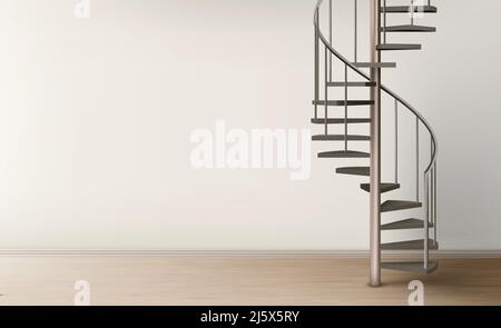 Spiral staircase in empty home interior with clean wall and floor, metal helical round ladder on pillar with tube railings and wooden stairs. Modern r Stock Vector