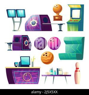 Bowling club equipment icons, design elements set isolated on white background. Balls, skittle, score monitor, counter desk with PC, golden trophy, co Stock Vector