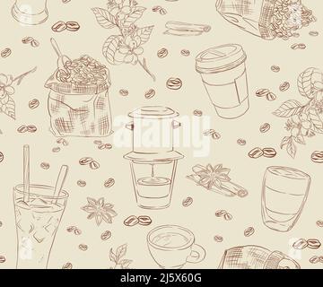 Seamless patterns with vietnamese coffee illustration,  Ideal for printing on textiles and paper, or for scrap orders. Stock Vector