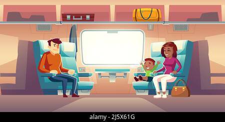 People in train, passengers travel by railway car, mother and son sitting on seats at large window in front of man, bags lying in luggage storage abov Stock Vector