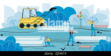 Builder team with construction vehicle laying pipe Stock Vector