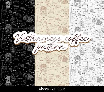 Vector seamless scene with paper coffee cup, Cafe seamless pattern or background,  coffee tree branch, caphe phin. Coffee shop background for wallpape Stock Vector