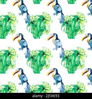 Seamless pattern of exotic leaves and toucan watercolor illustration on white. Tropical green leaves of palm tree, cacti and exotic bird hand painted. Stock Photo