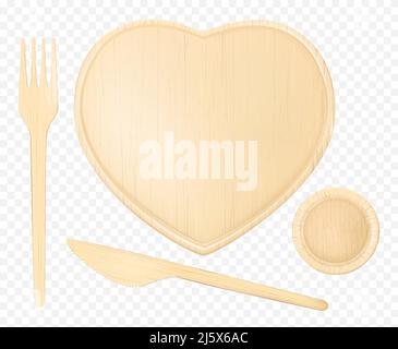 Wooden heart plate with fork, knife and glass top view, disposable tableware isolated on transparent background, single-use table setting made of natu Stock Vector