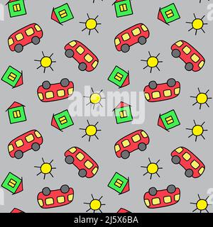 Cute seamless pattern for children. Bus, house and sun. Colorful print. Doodle style illustration. Print for cards, invitations, baby shower, wrapping Stock Vector