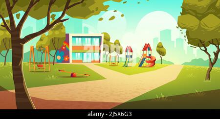 Kindergarten kids playground, empty area for children with nursery school colorful building, green grass, slides and swings for playing and recreation Stock Vector