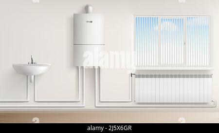 Bathroom with boiler water heater connected with radiator and washbasin, bath room interior with jalousie window. Home appliances, central heating sys Stock Vector