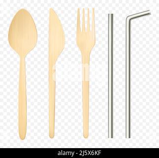Wooden fork, spoon, knife and steel straws set top view. Disposable and reusable tableware isolated on transparent background, table setting of natura Stock Vector