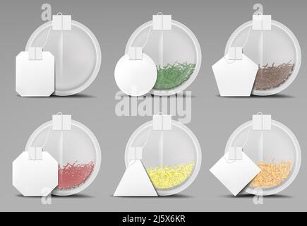 Round tea bags with blank tags of different geometrical shapes set isolated on grey background, mockup teabags, empty, green, red and yellow dry herbs Stock Vector