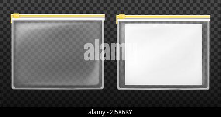 Plastic zip bags set, empty sealed pouch pocket with yellow ziplock and white blank sheet isolated on transparent background. Waterproof envelope mock Stock Vector