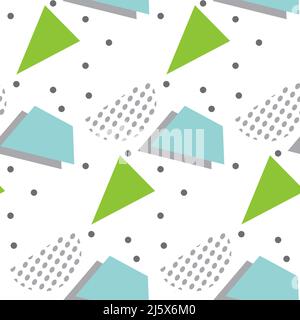 Seamless pattern in minimalistic geometric style. Blue, green, grey and white colors. Memphis style retro print. Abstract doodle background. Endless Stock Vector