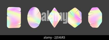 Holographic neon foil folded sticker realistic textured mockups. Authenticity blank emblem or official holography label. Vector guarantee certificatio Stock Vector