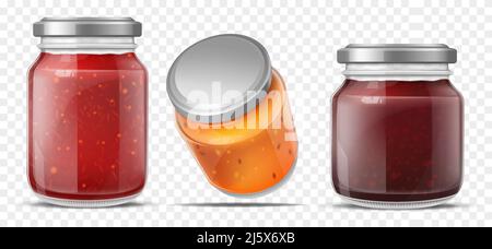 Jam jars, glass containers for fruit jelly set isolated on transparent background. Gelatin marmalade pack with cap mock up design. Blank preserve tube Stock Vector