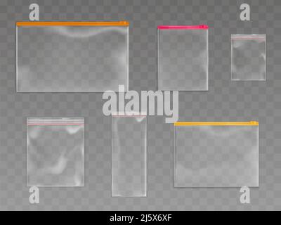 Plastic zip bags set, empty pouches of various sizes and zipper colors isolated on transparent background. Waterproof disposable blank packages mock u Stock Vector