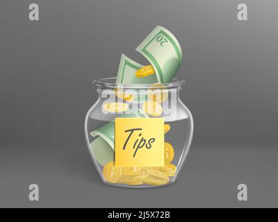 Transparent money box for tips full of dollars cash. Vector realistic glass jar with sticker label with gold coins and banknotes for gratuity, donatio Stock Vector