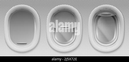 Aircraft windows. Set of three realistic airplane portholes with open and closed shade. Vector template of plane interior illuminators isolated on tra Stock Vector
