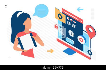 Isometric vector illustration of cartoon female character with papers using voice recognition system while working with computer with protection symbols on monitor Stock Vector
