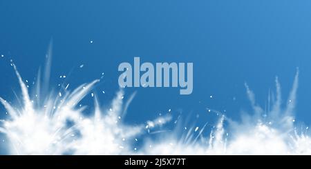 Snow powder white explosion empty banner on blue background, ice or snowflakes splash clouds down border for christmas and new year holidays promo, gr Stock Vector