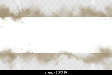 Smoke empty banner mock up, dirty smog horizontal border isolated on white background, brown heavy thick dust steam frame with motes and sand design e Stock Vector