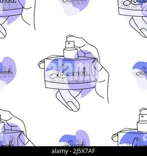 Background seamless pattern with a bottle of perfume in the hands of a girl. Violet abstract shapes with lettering Lavender. Stock Vector