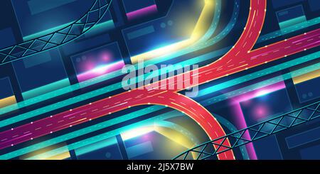 Transport interchange in night neon city top view. Modern megapolis architecture with red highway road, glowing skyscrapers and moving cars. Urban fut Stock Vector