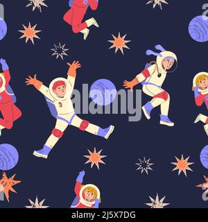 Space seamless pattern design with kids astronauts and stars. Childish repeatable decorative background on space theme with kids cosmonauts, vector. Stock Vector