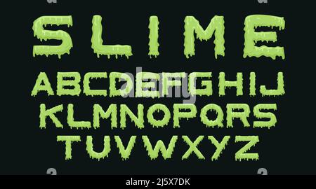 Slime font. Alphabet with green flow drops and goo splash for Halloween lettering. Latin abc. Liquid toxic radioactive symbols in zombie style isolate Stock Vector