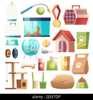 Pet shop food and accessories set isolated on white background. home animals store goods. Toys, grooming tools, carrying box, fish aquarium, medicine. Stock Vector